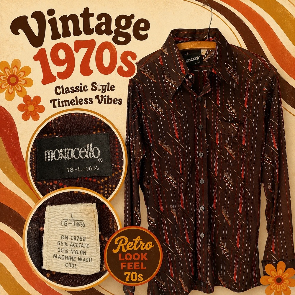 Vintage 70s Monticello Mens Disco Shirt Brown Geometric Stripe Acetate Large